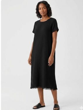 Eileen Fisher Organic Cotton Gauzy Fray Hem Short Sleeve Black Midi Dress Large